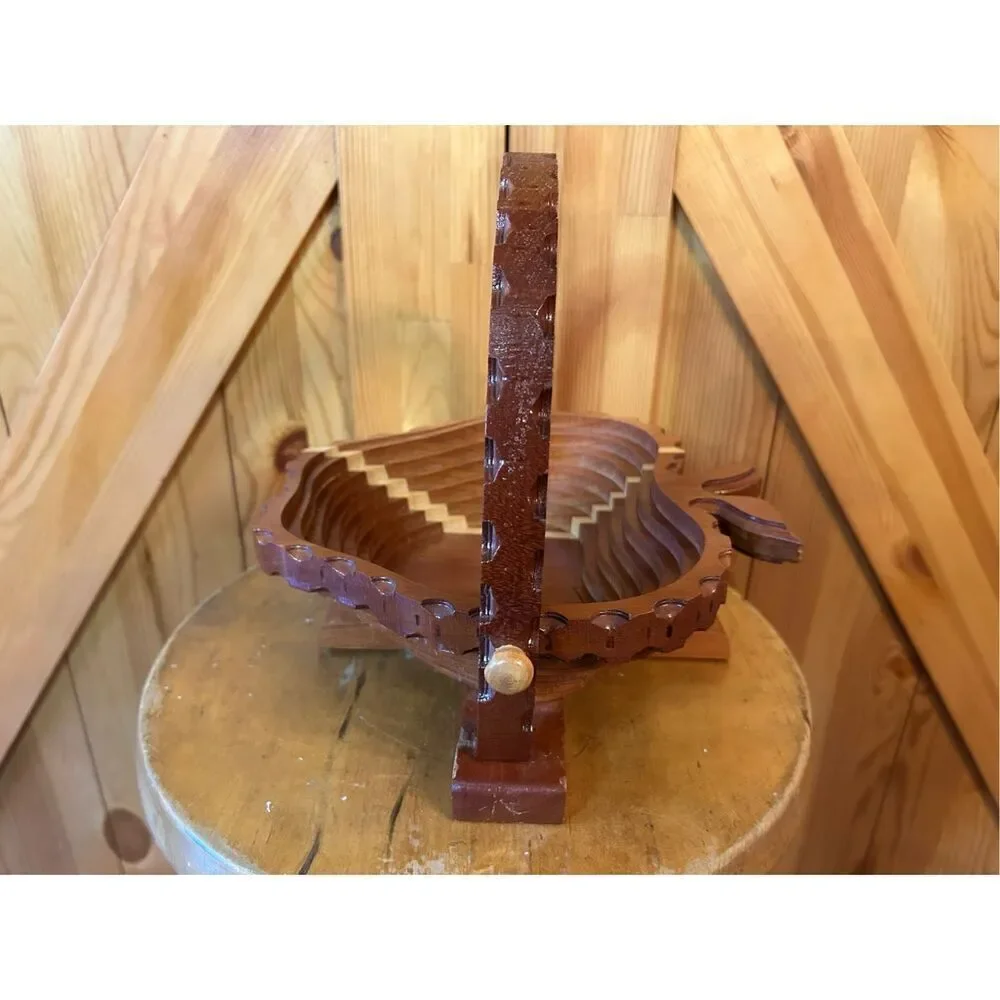 Vintage Hand Carved Wooden Collapsible Apple Basket Bowl Holder (5123)